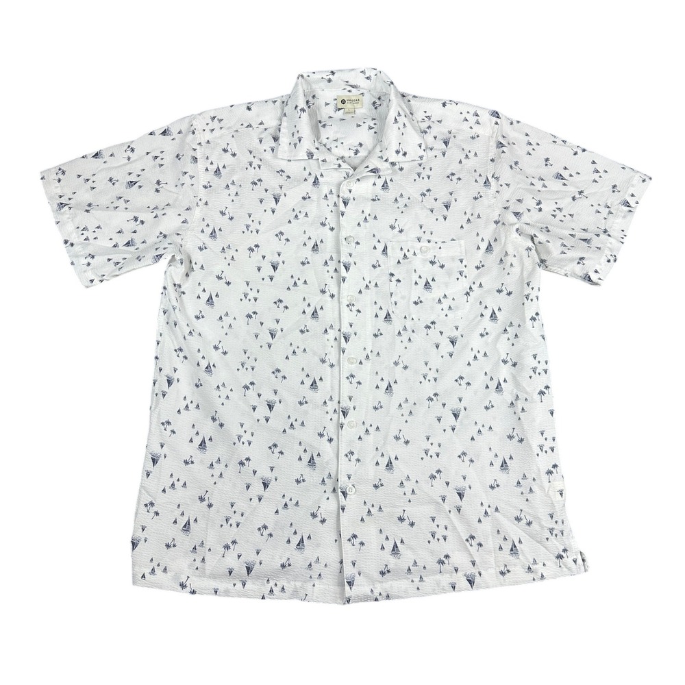 Haggar Mens Large White Blue Sailboat Palm Tree Seersucker Short Sleeve Shirt L